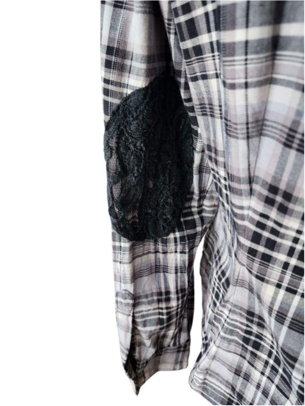 Sunset Rd. Plaid Button Down Shirt with Lace Accents Size 12 Black White - Picture 5 of 6